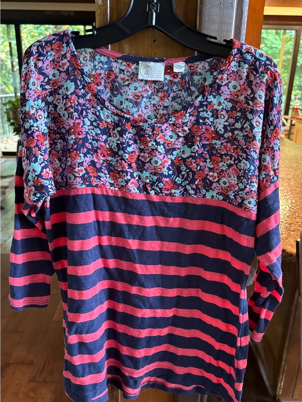 Anthropologie Postage Stamp Floral and Red & Navy Striped 3/4 Sleeve Top. Small
